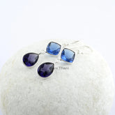 Sapphire Quartz Buff Top Cushion and Amethyst Quartz Gemstone Dangle Earrings - 925 Sterling Silver Drop Earring - Christmas Gift Jewelry